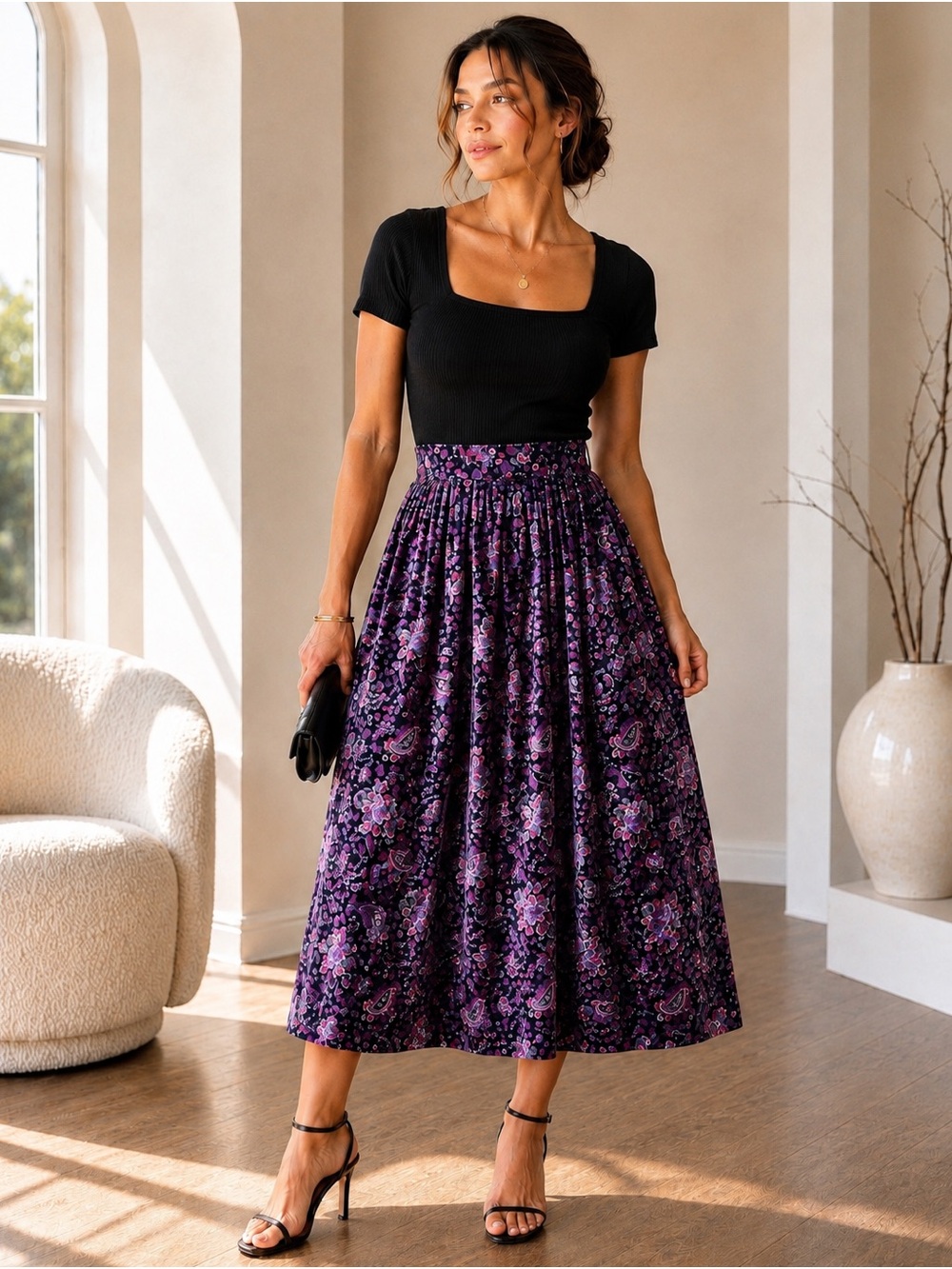 Vintage Talbots 100% Cotton Floral Paisley Velvet Midi Skirt Made in USA
